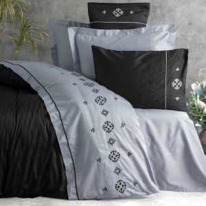 Lenjerie de pat Elisa, bumbac satinat, broderie florală în nuanțe de negru și gri, set 6 piese