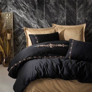 Lenjerie de pat Cotton Box Gloria Gold cu broderie negru și auriu, bumbac satinat, 6 piese
