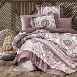 Lenjerie de pat Carmela V2 bumbac satinat maro și alb cu design mandala și detalii intricate