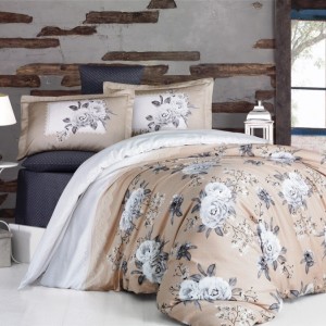 Lenjerie satinată din bumbac cu design floral bej-alb, 4 piese