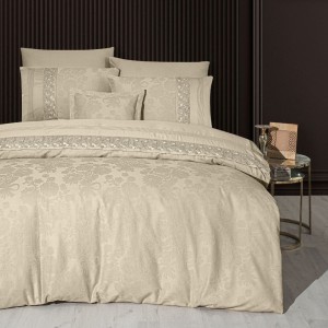 Lenjerie de Pat Satin de Lux VIP Moonlight, First Choice, Buhara, Jacquard Cappuccino cu Dantela