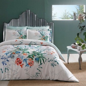 Lenjerie de pat TAC Aden bumbac satinat alb cu design tropical de flori și frunze
