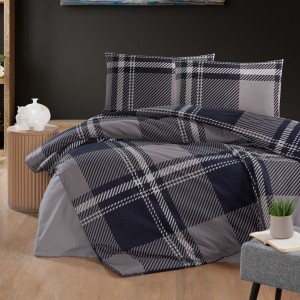 Lenjerie de pat dublu flanel Veldor albastru marin, cu model geometric, bumbac 100% calduroasa