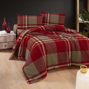 Lenjerie de pat dublu flanel Veldor Bordo, cu model geometric, bumbac 100% calduroasa