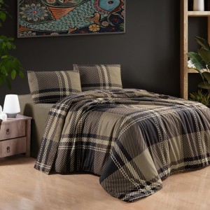 Lenjerie de pat dublu flanel Veldor Maro, cu model geometric, bumbac 100% calduroasa