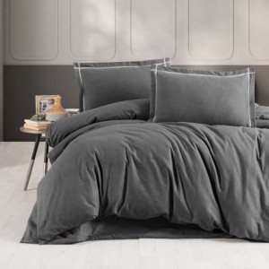 Lenjerie de pat dublu flanel Soprano Antracit, uni, bumbac 100% calduroasa si moale