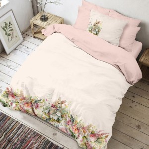 Lenjerie de pat 1 persoană, bumbac 100%, model pascal Vinca, imprimeu floral și iepuraș