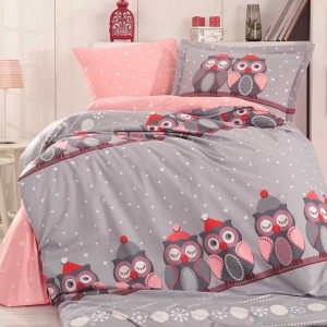 Lenjerie pat 1 persoana poplin percale, Linda Grey (Bufnite)
