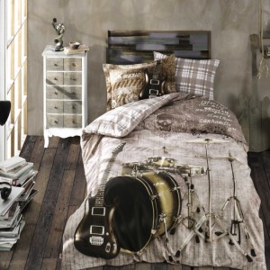 Lenjerie pat 1 persoană bumbac 100% poplin, Hobby Home, Rock Music - Brown