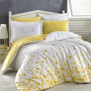 Lenjerie pat 1 persoana poplin percale, Hobby Home, Stars - Yellow
