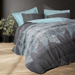 Set lenjerie pat 1 persoană Arel Cotton Box din bumbac 100 % ranforce, imprimeu triunghiuri abstracte teal pe fond grafit