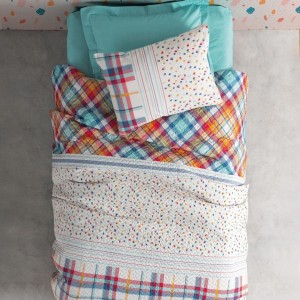 Lenjerie pat 1 persoană bumbac 100% Cotton Box Baniti Buline, cu imprimeu în carouri colorate și buline multicolore pe fundal alb – model vesel și modern