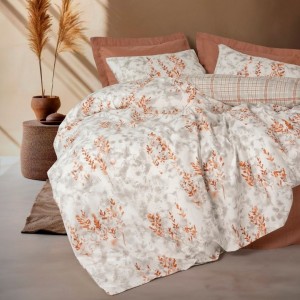 Set lenjerie pat 1 persoană Lamina Cotton Box din bumbac 100 % ranforce, imprimeu frunze caramizii pe fond ecru