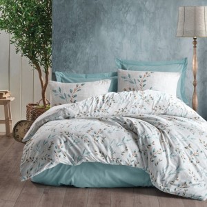 Set lenjerie pat 1 persoană Lendell Cotton Box din bumbac 100 % ranforce, imprimeu ramuri verde-salvie pe fond gri-lin