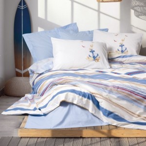 Set lenjerie pat 1 persoană Moreno Cotton Box din bumbac 100 % ranforce, imprimeu pescăruși pe fond crem, verso bleu denim