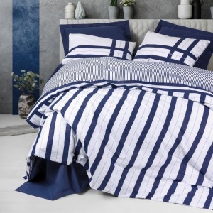 Set lenjerie pat 1 persoană Nifty Cotton Box din bumbac 100 % ranforce, dungi bleumarin pe fond alb, verso bleumarin uni