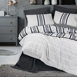 Set lenjerie pat 1 persoană Nobby Antracit Cotton Box din bumbac 100 % ranforce, dungi alb-gri pe fond antracit, verso uni antracit