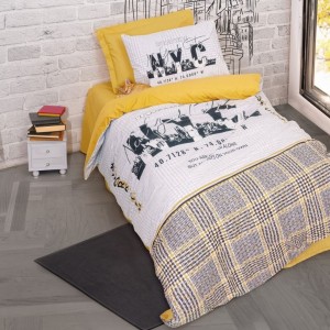 Set lenjerie pat 1 persoană Worldwide Cotton Box din bumbac 100 % ranforce, imprimeu skyline NYC galben-gri pe fond alb