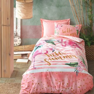 Lenjerie pat 1 persoana bumbac 100% ranforce, Cotton Box, Hello Summer - Pink