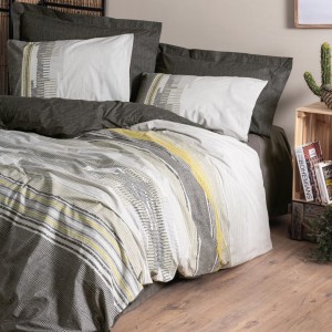 Set de lenjerie de pat din bumbac, moale și confortabil, cu design modern în tonuri de gri și galben.