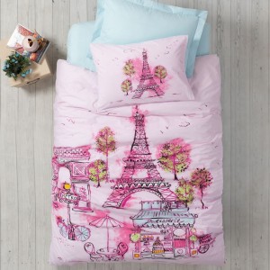 Set de lenjerie de pat pentru copii din bumbac 100% ranforce, moale și confortabil, cu design romantic cu Turnul Eiffel și peisaje pariziene.