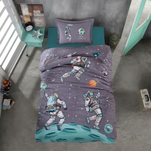 Lenjerie pat 1 persoana Space bumbac ranforce, model cu astronauti si planete pentru copii