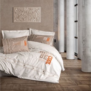 Lenjerie pat 1 persoana cu broderie în relief din bumbac 100% ranforce, cearceaf pilota 160x220cm, Cool Maro