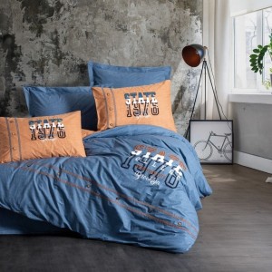 Lenjerie pat 1 persoana cu broderie în relief din bumbac 100% ranforce, cearceaf pilota 160x220cm, State Albastru