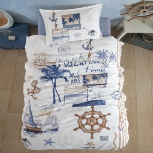 Lenjerie pat 1 persoana Hawaii, bumbac ranforce, model cu model maritim pentru copii, tineri