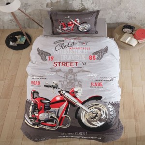 Lenjerie pat 1 persoana Street King bumbac ranforce, model cu motocicleta pentru copii