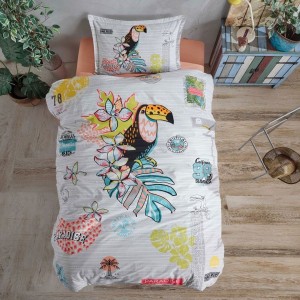 Lenjerie pat 1 persoana Paradise, bumbac ranforce, model cu tucan si flori tropicale pentru copii