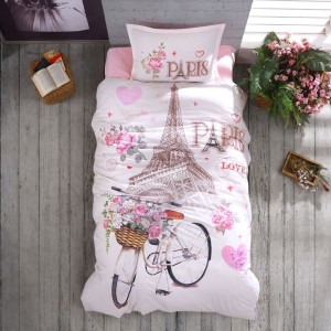 Lenjerie pat 1 persoana Paris Love, bumbac ranforce, model cu truntul Eiffel pentru adolescenti