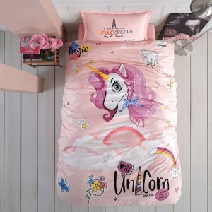 Lenjerie pat 1 persoana bumbac ranforce, model cu unicorn pentru fetite