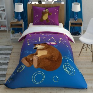 Lenjerie de pat Disney Masha și Ursul Glow, cu Masha și Ursul sub stele, design albastru și mov, 3 piese, bumbac