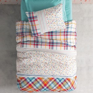 Set de lenjerie de pat pentru copii din bumbac 100% ranforce, moale și confortabil, cu design vesel cu carouri și buline colorate.