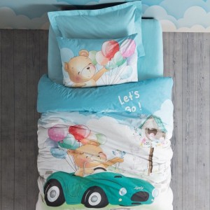 Set de lenjerie de pat pentru copii din bumbac 100% ranforce, moale și confortabil, cu design adorabil cu ursuleț și baloane colorate.