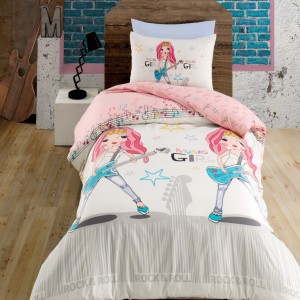 Lenjerie pat 3 piese, bumbac 100% ranforce,1 persoana,  Bahar Home, Music Girl V1