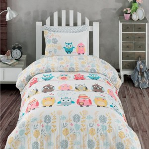 Lenjerie pat 3 piese, bumbac 100% ranforce,1 persoana,  Class Home Collection, Owl