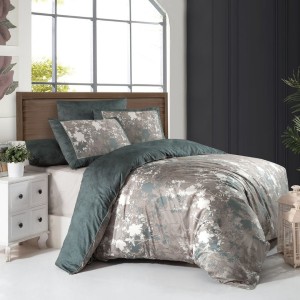 Lenjerie de pat de lux satin premium La Romano Lily Moonmist, design floral, gri perlat și verde petrol, 6 piese