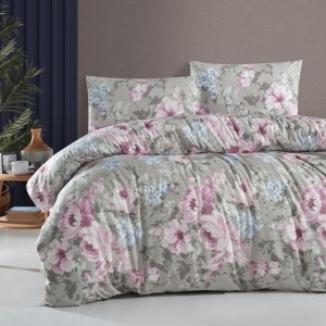 Lenjerie de pat Davida Gri, design floral pastelat in nuante de roz si mov, din bumbac 100% ranforce, 4 piese, cearsaf cu elastic, saltele 140x200 cm și 160x200 cm si 2 cearsafuri pilota