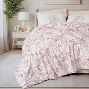 Lenjerie de pat dublu din bumbac 100% ranforce, Cotton Box Sevara, cu imprimeu baroc roz pudrat pe fundal alb și bej, model elegant și rafinat