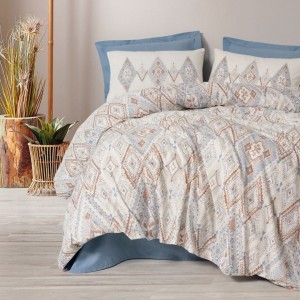 Lenjerie de pat dublu din bumbac 100% ranforce, Cotton Box Zanora, cu imprimeu geometric etnic în nuanțe de bej, maro și albastru pe fundal crem