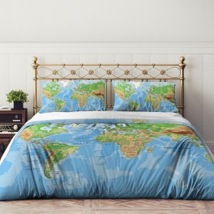 Lenjerie de pat dublu din bumbac 100% ranforce, cu imprimeu Harta Lumii, perfectă pentru pasionații de călătorii și geografie.