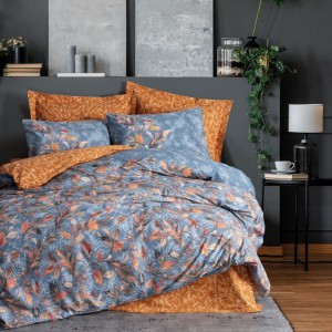 Lenjerie de pat Cottonbox din bumbac 100% ranforce, design floral în albastru și muștar, decorată cu frunze colorate