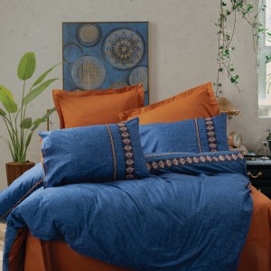 Lenjerie pat dublu cu broderii, bumbac 100% ranforce, Folk Art, Lusso Dark Blue
