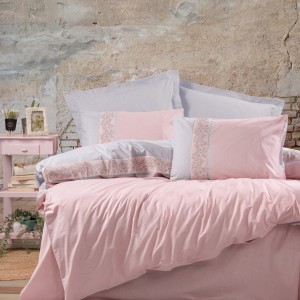 Lenjerie pat dublu cu broderii, bumbac 100% ranforce, Folk Art, Mila Pink