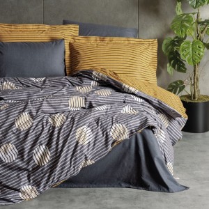 Lenjerie de pat Cottonbox Strew Grey din bumbac 100% ranforce, design modern în gri și galben, cu motive geometrice circulare și dungi