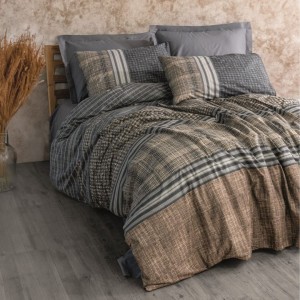 Lenjerie de pat Cottonbox Timbre din bumbac 100% ranforce, design modern în antracit și bej, cu dungi și modele texturate