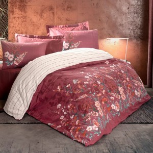 Lenjerie pat dublu bumbac 100% ranforce, Cotton Box, model Vina Claret Red, cu motive florale în nuanțe de roșu claret