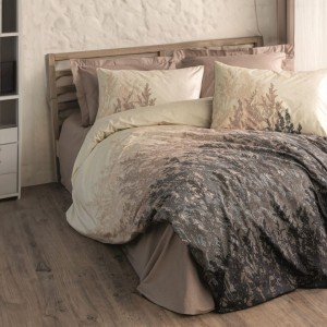 Lenjerie pat dublu bumbac 100% ranforce, Cotton Box Lindon Bej, cu imprimeu frunze in nuante de bej si gri, design modern si natural pentru dormitor.